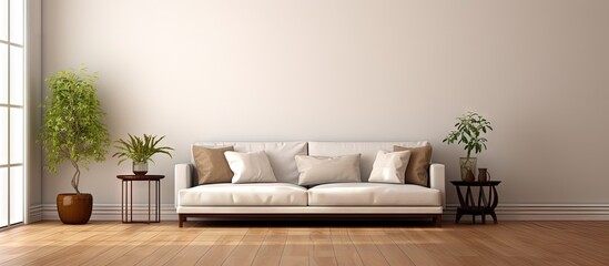 Brown and white living room with hardwood floor copy space image