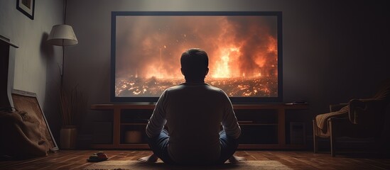 A man on the sofa in his living room is stunned by breaking news showing war or protest copy space image