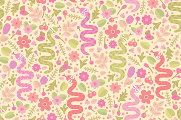 Seamless pattern with cartoon snake. Childish background. Cute wallpaper for kid, textile design template. Simple flat style. Vector illustration