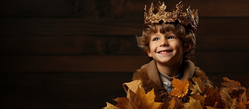 Autumn crafts featuring a boy crowned with nature copy space image