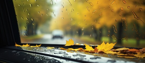 Autumn vehicle concept Wipers clear rain from car window Empty window for message with yellow maple leafs Selective focus copy space image