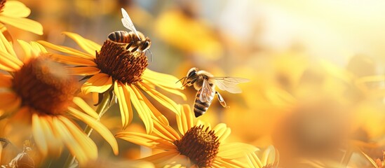 Close up picture of a bee collecting nectar and pollinating a young fall sunflower copy space image - obrazy, fototapety, plakaty