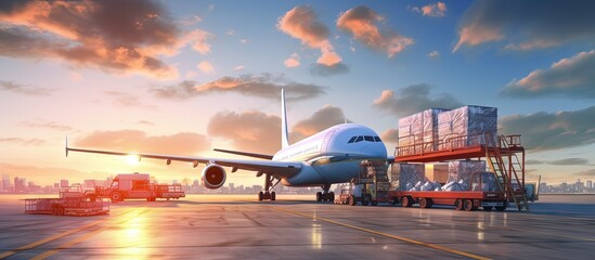 Aircraft loading platform for air freight copy space image - obrazy, fototapety, plakaty