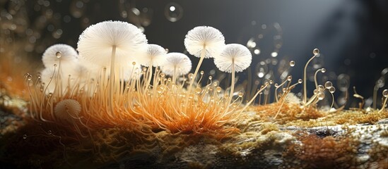 A large white slime mould called myxomycete is crawling and spreading on a surface Myxomycete collects from numerous tiny amoebae copy space image
