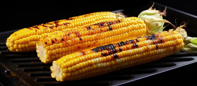 Close up of grilled corn on the cob with butter and salt on a grill plate copy space image