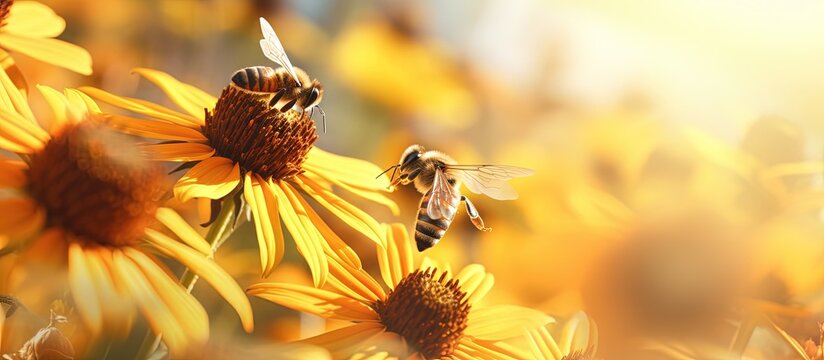 Close up picture of a bee collecting nectar and pollinating a young fall sunflower copy space image