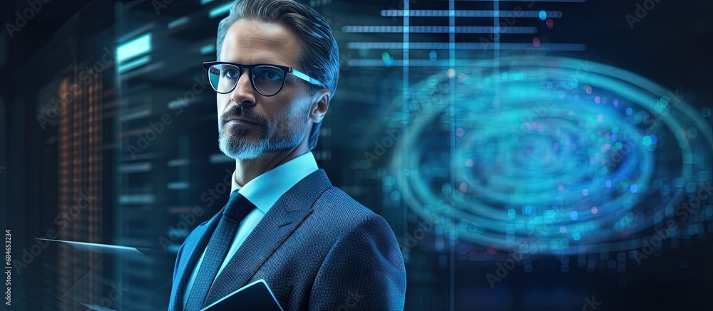 Poster busy entrepreneur with device thoughtful expression blockchain hologram rising number lines digital 