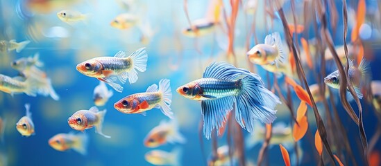 Colorful Guppies swimming in a fish tank in Chile s ornamental fish farm copy space image - obrazy, fototapety, plakaty