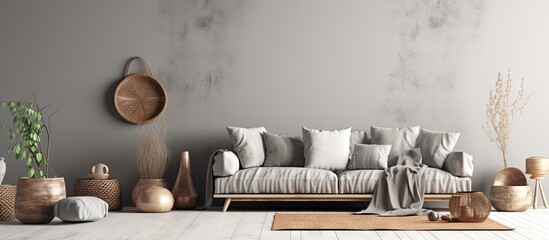 Chic living room decor with gray sofa wooden coffee table pillows blankets rattan lamp slippers basket and elegant accessories copy space image