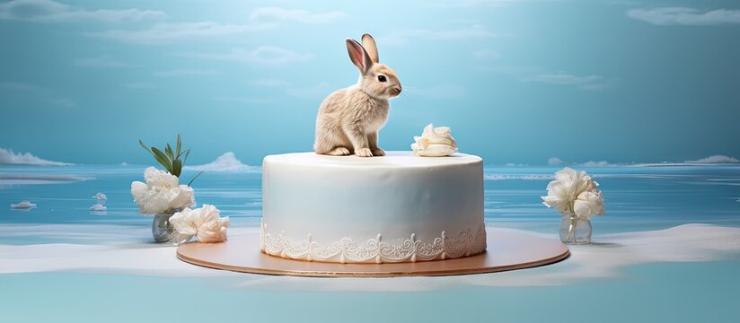 Cake for baptism with bunny figure and Baptism inscription copy space image