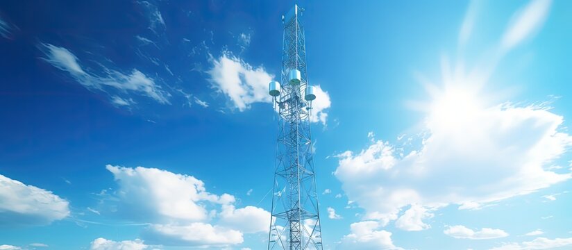 Blue sky with cellular network antennas copy space image