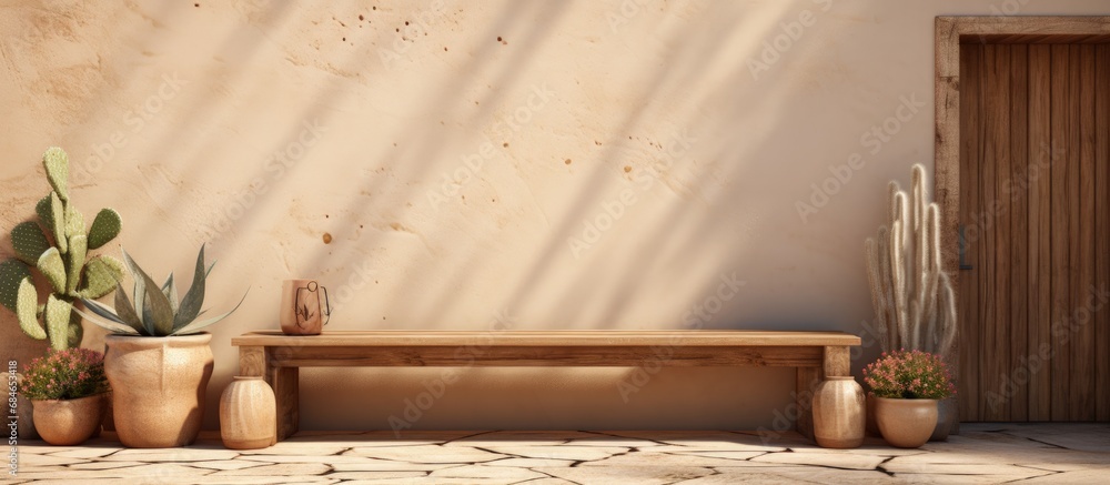 Poster bench with cactus in corner of mediterranean desert house s patio copy space image