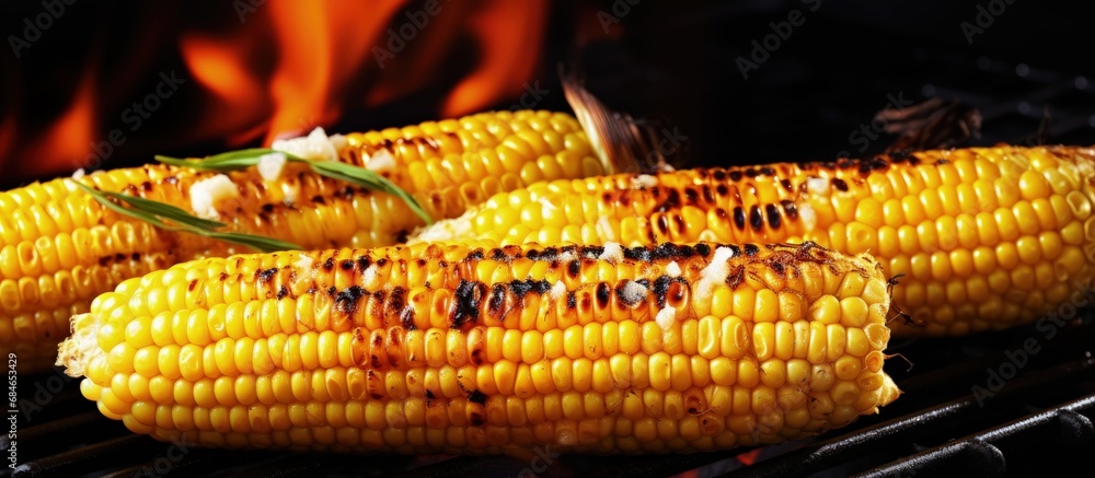 Aufkleber close up of grilled corn on the cob with butter and salt on a grill plate copy space image