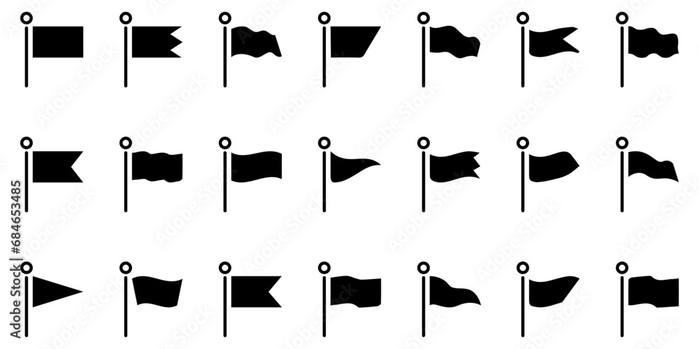 Poster different black flag icon collection. set of black pin flag icons. flag silhouette collection for lo