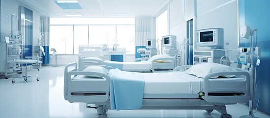 Fototapeta na wymiar Blurred LCD monitor displays empty beds in deserted hospital s emergency room copy space image