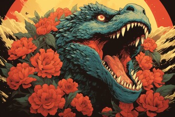 detailed illustration with angry dinosaur in lush flowers