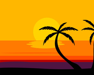 Fototapeta na wymiar Beautiful seascape with sunset and palm tree. Summer background with sunset and palm trees. Tropical beach with palm trees