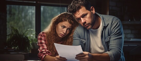 Confused millennial couple shocked by bank letter frustrated with wrong paperwork copy space image