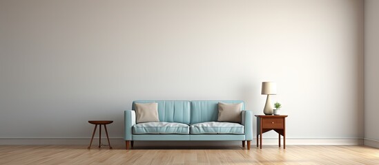 Blue couch and small dining table in the center of a living room with wooden flooring copy space image