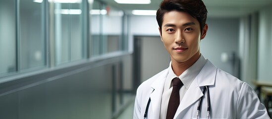 Fototapeta premium Attractive Asian medical student in uniform poses in a locker room copy space image