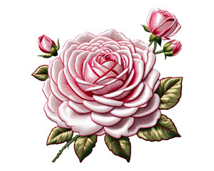 Realistic embroidery sweet pink rose on isolated png background. Generative ai