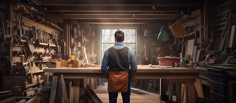 Carpenter in artisan woodwork studio using tablet surrounded by wood pieces on shelving copy space image