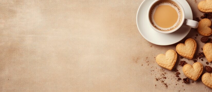 Coffee with heart shaped cookies on a beige table space for text copy space image