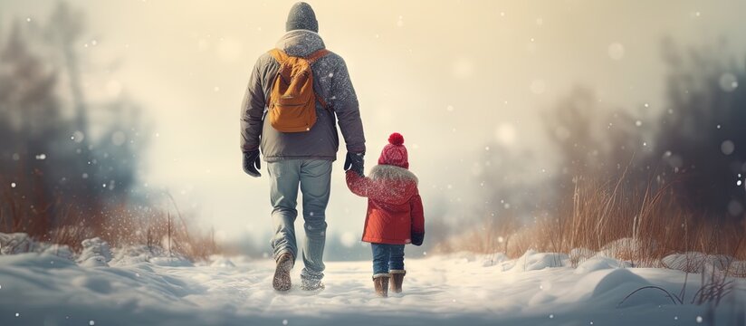 Child bundled up for winter while being accompanied by a parent copy space image