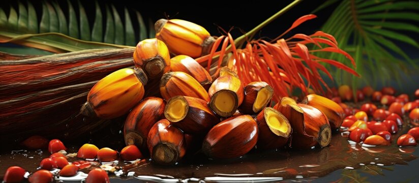Castrated oil palm fruit and flowers copy space image