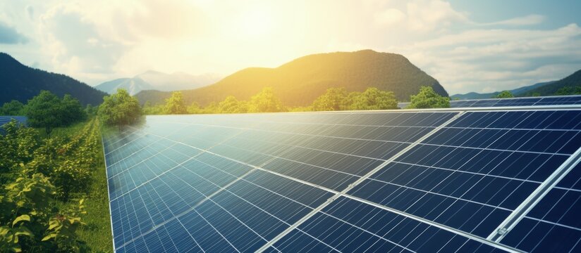 Aerial view of solar panels in a photovoltaic plant with green trees and sunlight reflecting copy space image