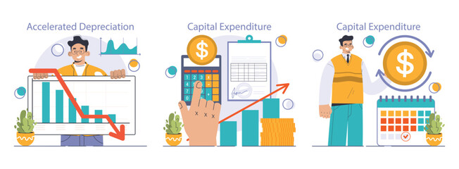 Amortization and depreciation set. Calculating the value for business assets over time. Company asset lifespan , capital valuation. Financial report. Flat vector illustration - obrazy, fototapety, plakaty