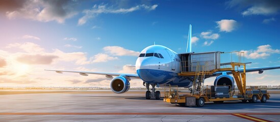 Aircraft loading platform for air freight copy space image - obrazy, fototapety, plakaty