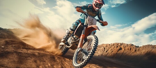 Blur motion shot of a professional motocross driver on his FMX motorcycle navigating a challenging off road track copy space image