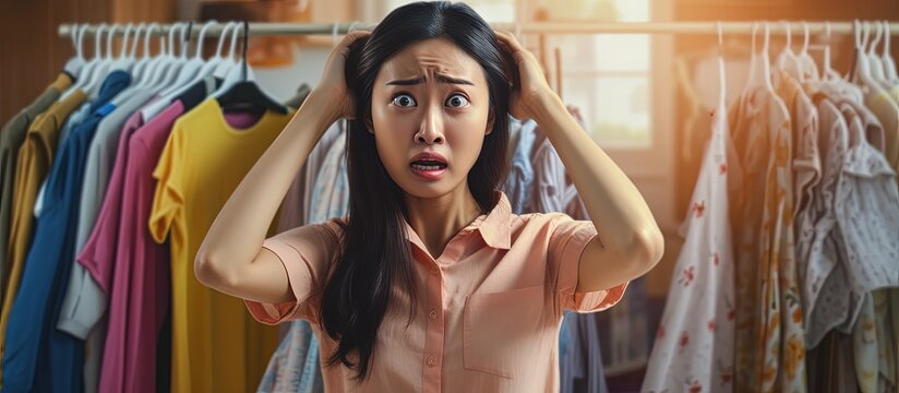 Asian woman with unpleasant expression after doing laundry due to dirty and musty smelling clothes copy space image