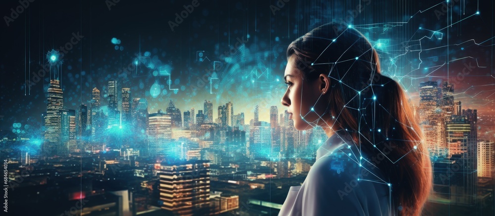 Poster AI controls smart city via internet and HUD interface with urban infrastructure icons IoT tech in ICT Robot or cyborg woman with AI copy space image