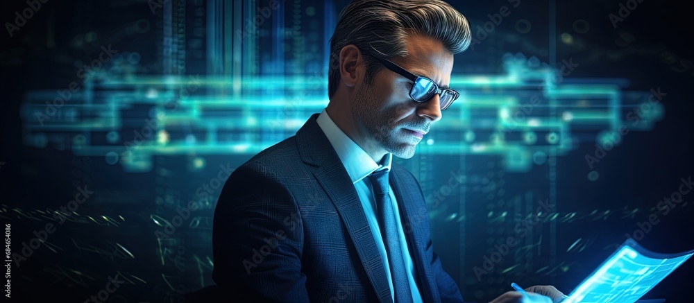 Poster Busy entrepreneur with device thoughtful expression blockchain hologram rising number lines digital analytics Education and e commerce concept copy space image