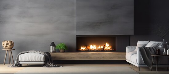 Beautiful modern living room with a fireplace inside copy space image - obrazy, fototapety, plakaty