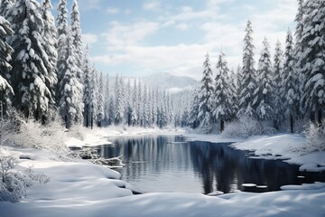 A serene lake surrounded by snow-covered pine trees, creating a peaceful winter wonderland.