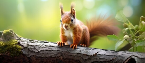 Adorable red squirrel in forest perched on branch copy space image