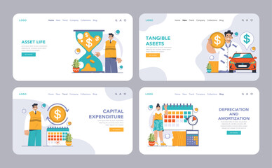 Amortization and depreciation web or landing set. Calculating the value for business assets over time. Company asset lifespan , capital valuation. Financial report. Flat vector illustration - obrazy, fototapety, plakaty