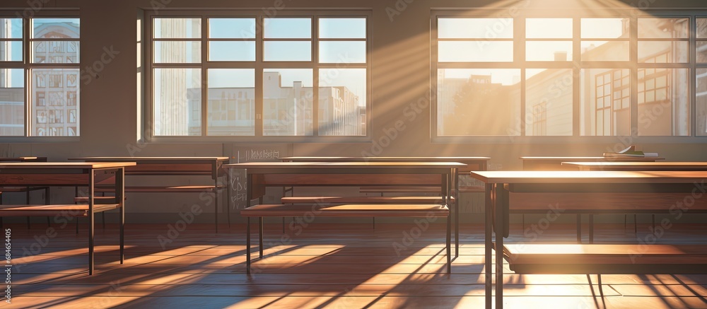 Aufkleber afternoon sunlight casting shadows through classroom window copy space image