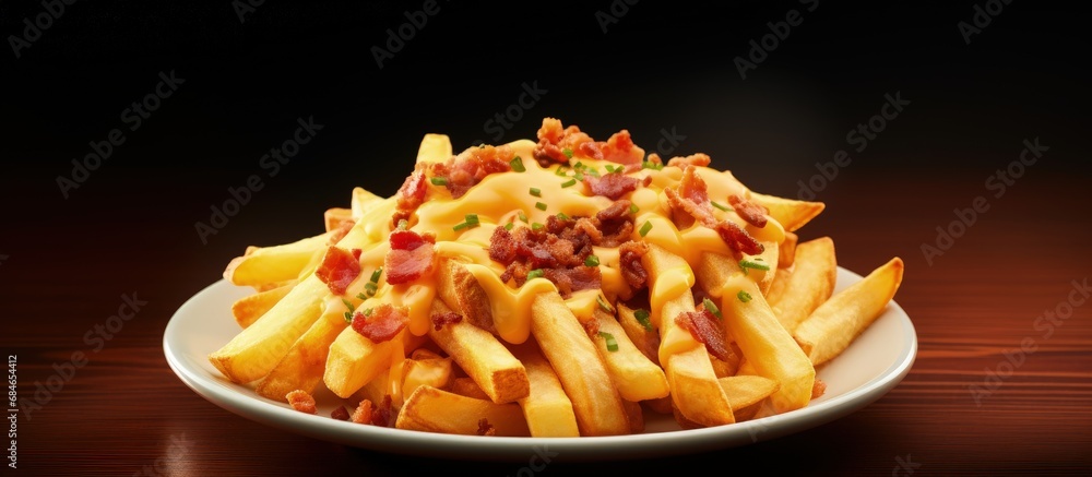 Poster cheesy bacon fries on a plate copy space image