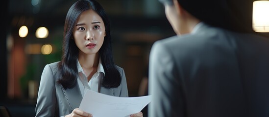 Asian businesswoman scolds dissatisfied employee while skeptical HR manager questions CV at job interview copy space image