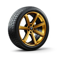Obraz premium 3d Car tire isolated in white background. Golden alloy. 