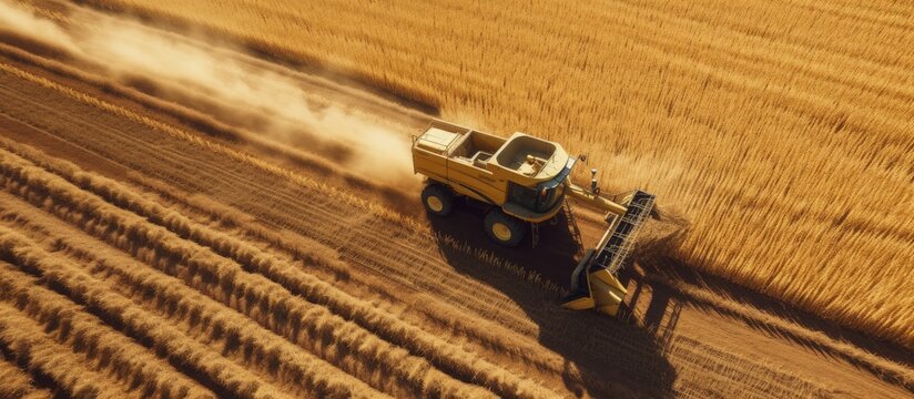 Autumn aerial drone flight over combine harvester reaping corn in field Top down view of harvesters in action Agriculturial farming work copy space image