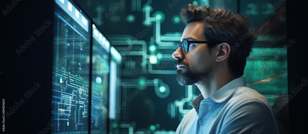 Fototapete Contemplative engineer pondering data operation failure and security breach Reflective developer considering encryption program upgrade copy space image