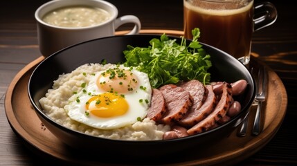 A bowl of rice, meat, and an egg on a plate