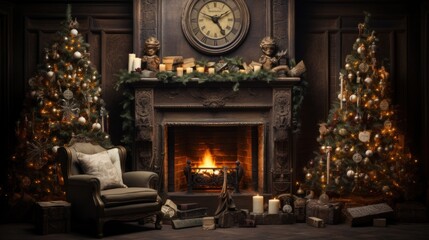 Fototapeta na wymiar A living room with a fireplace and christmas trees