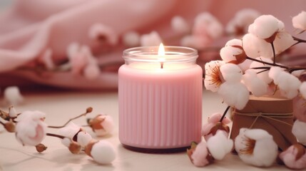 A pink candle sitting on top of a table next to a bunch of flowers