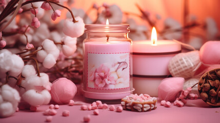 A candle and some pink flowers on a table